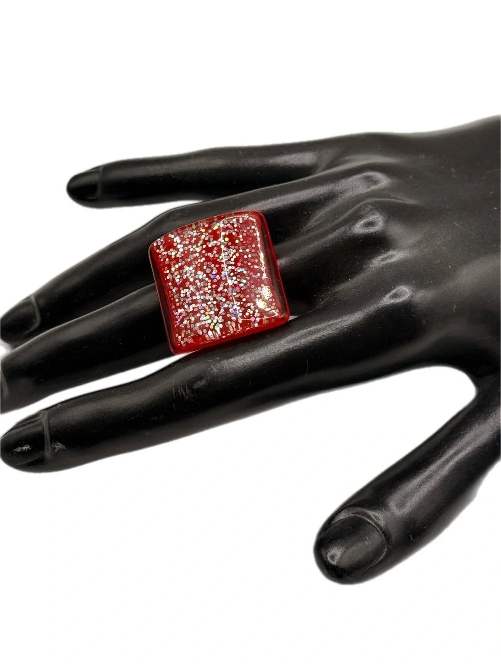 Red Glitter Square Acrylic Statement Ring Adjustable